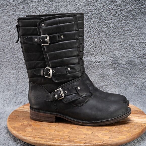 UGG Australia Biker Moto Boots Tatum Black Leather Buckles Size 10 EUC